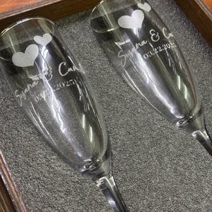 Custom Champagne Flutes Set with Engraved Wooden Box, Wedding Toasting glasses, Anniversary Wedding gift