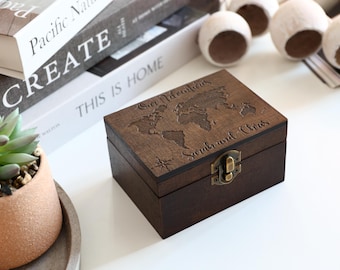 Personalized Wooden Travel Memory Box, Adventure Keepsake Box with World Map Engraving, Gift for Couples and Travelers