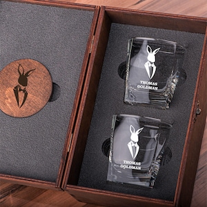 Personalized Whiskey Set: Engraved Glasses & Coasters in Wooden Box