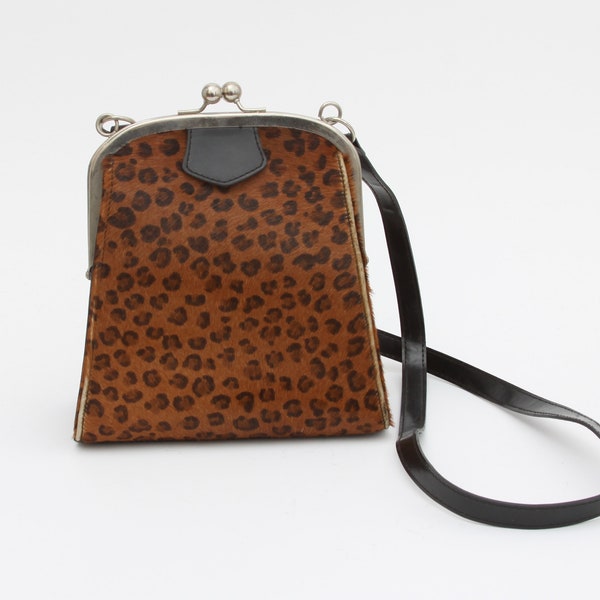 1980s 1990s Vintage Leopard Print Fur and Faux Patent Leather Crossbody Purse