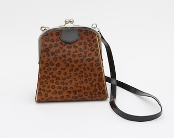 1980s 1990s Vintage Leopard Print Fur and Faux Patent Leather Crossbody Purse