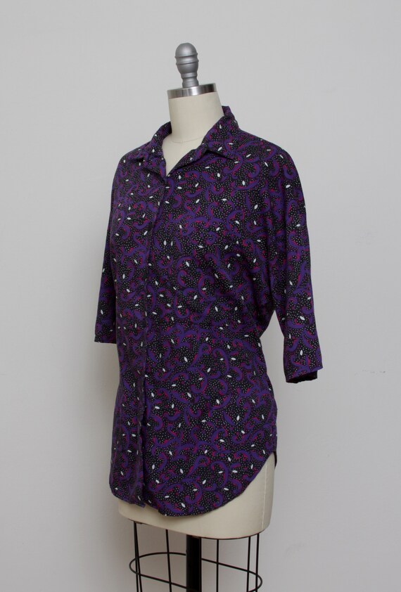 Vintage 1980s Black & Purple Geometric Floral Pri… - image 2