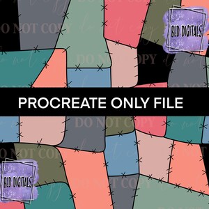 Peut inclure: Motif numérique abstrait avec un motif patchwork aux couleurs variées, notamment le turquoise, le corail et le gris, avec des détails de couture noirs. Le texte "PROCREATE ONLY FILE" est affiché au centre. Deux logos sont dans les coins.