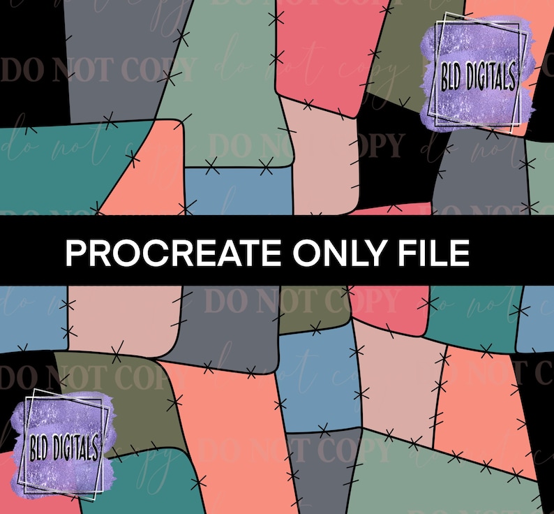 K&ouml;nnte beinhalten: Abstraktes digitales Design mit einem Patchwork-Muster in verschiedenen Farben, darunter T&uuml;rkis, Koralle und Grau, mit schwarzen Nahtdetails. Der Text "PROCREATE ONLY FILE" wird in der Mitte angezeigt. Zwei Logos befinden sich in den Ecken.