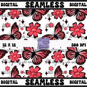 Helle rote Schmetterlinge und Blumen: Nahtlose PNG Digitaldatei