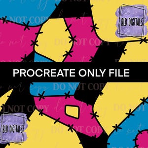 Puede incluir: Un archivo digital con un diseño de patchwork en colores vibrantes: rosa, amarillo y azul, cosido con hilo negro. Las palabras "PROCREATE ONLY FILE" se muestran en blanco sobre una pancarta negra. El diseño incluye el texto "BLD DIGITALS".