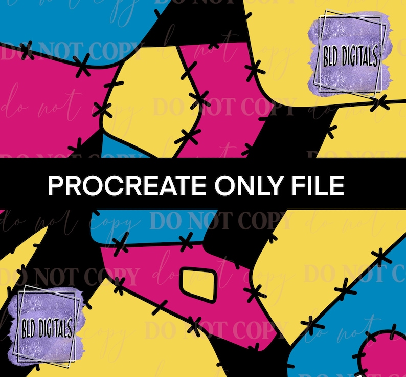 May include: A digital file with a patchwork pattern in pink, yellow, and blue, stitched with black thread. The words "PROCREATE ONLY FILE" are in white on a black banner. The design includes the text "BLD DIGITALS".
