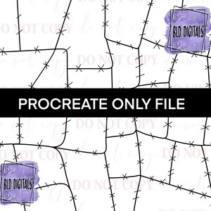 K&ouml;nnte beinhalten: Ein digitales Design mit wei&szlig;em Hintergrund, das ein Netzwerk aus schwarzen Linien und kleinen kreuzf&ouml;rmigen Markierungen zeigt. Der Text "PROCREATE ONLY FILE" wird in einem schwarzen Banner angezeigt. Zwei lila Formen im Aquarellstil mit dem Text "BLD DIGITALS" sind ebenfalls vorhanden.