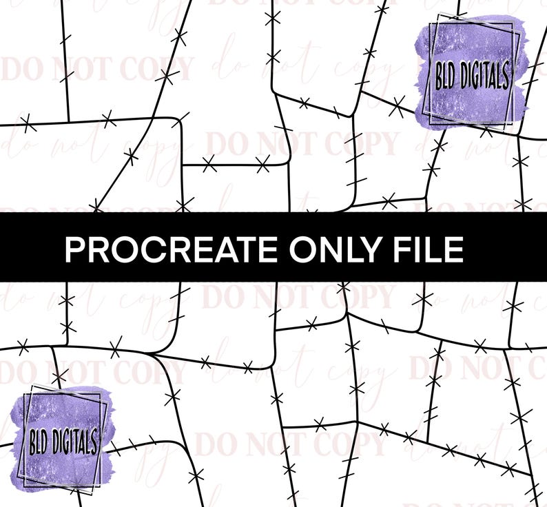 K&ouml;nnte beinhalten: Ein digitales Design mit wei&szlig;em Hintergrund, das ein Netzwerk aus schwarzen Linien und kleinen kreuzf&ouml;rmigen Markierungen zeigt. Der Text "PROCREATE ONLY FILE" wird in einem schwarzen Banner angezeigt. Zwei lila Formen im Aquarellstil mit dem Text "BLD DIGITALS" sind ebenfalls vorhanden.