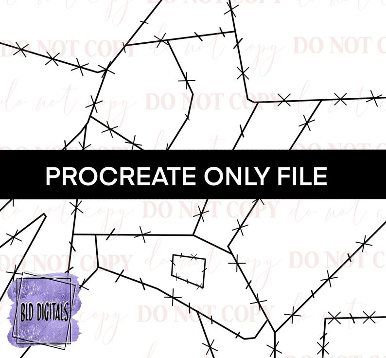 May include: Digital art file in black and white featuring a geometric pattern. The text "PROCREATE ONLY FILE" is on a black banner. A purple logo with "BLD DIGITALS" is in the bottom left corner.