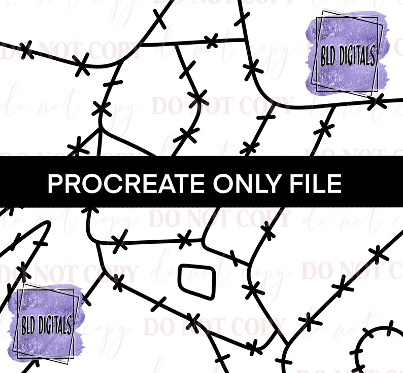 May include: A black and white digital artwork with a network design. The image shows a series of interconnected lines with small cross shapes at the junctions. The text "PROCREATE ONLY FILE" is in a black banner. Two purple watercolor-style logos are in the corners.