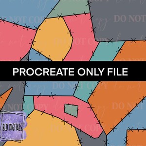 Peut inclure: Un motif numérique coloré avec des formes géométriques roses, oranges, bleues et grises, cousues avec des points de croix noirs. Le texte "PROCREATE ONLY FILE" est affiché sur une bannière noire.