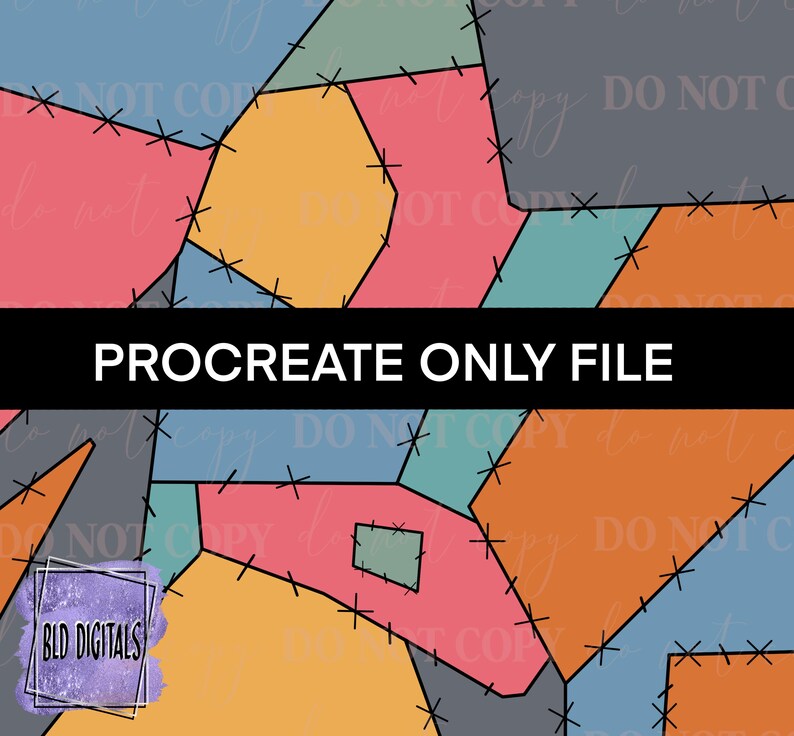 May include: A digital design with geometric shapes in pink, orange, blue, and grey, joined by black cross-stitches. The text "PROCREATE ONLY FILE" is displayed on a black banner. The design has a patchwork aesthetic.