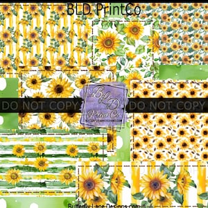 May include: A collage of sunflower-themed patterns. Designs include yellow and white striped backgrounds, watercolor sunflowers, and a repeating sunflower pattern. The text "BLD PrintCo" and "DO NOT COPY" are visible.