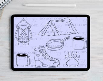 Camping/ hiking- procreate stamps. Hand drawn PNG