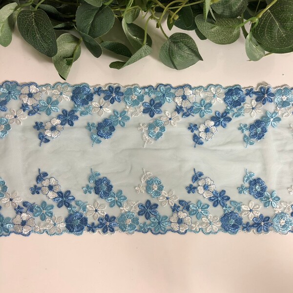 Blue Rigid Floral embroidery lace fabric 16cm wide
