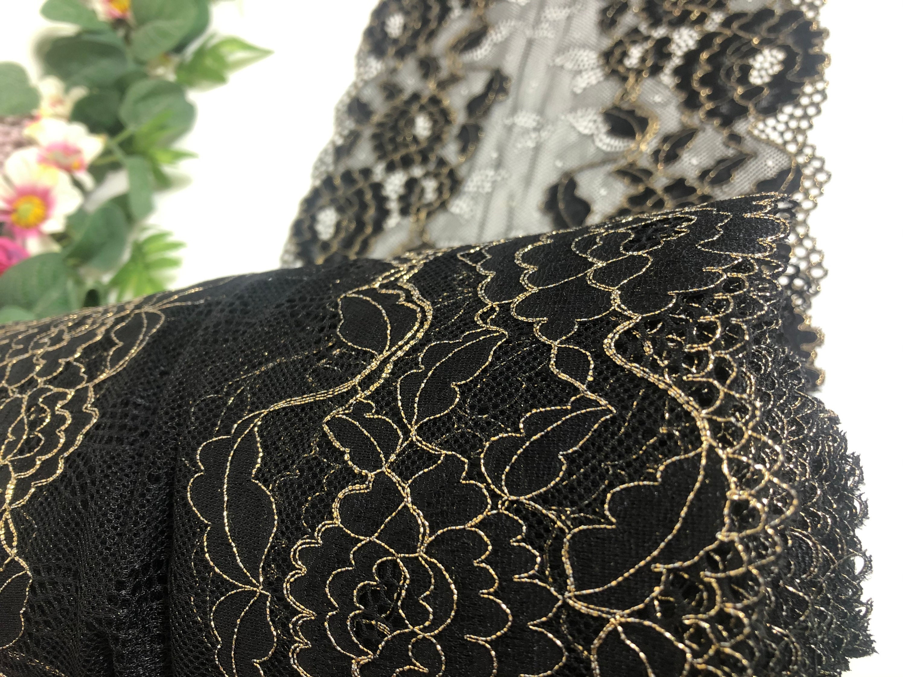 Black and gold lurex corded metallic galloon lace fabric 23cm/ | Etsy