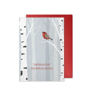 Weihnachtskarte: Rotkehlchen (skandinavisch, Fröhliche Weihnachten, Recyclingpapier, Vintage, handmade, mit Umschlag, rot, weiß, grau)