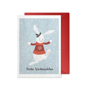 Cartolina di Natale: Coniglietto di neve per bambini (Buon Natale, carta riciclata, vintage, fatta a mano, con busta, rosso, blu)