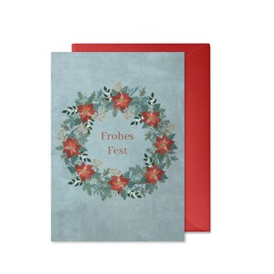 Cartolina di Natale: ghirlanda (Buone feste, scandinavo, carta riciclata, vintage, fatta a mano, con busta, azzurro, rosso)