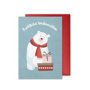 Weihnachtskarte: Eisbär für Kinder (Fröhliche Weihnachten, Recyclingpapier, mit Umschlag, rot, blau)