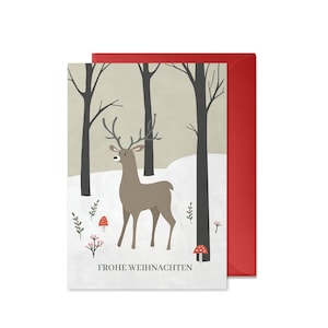 Cartolina di Natale: Alce (scandinavo, buon Natale, cervo, carta riciclata, vintage, fatto a mano, con busta, rosso, marrone)