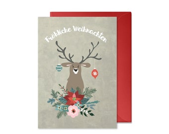 Christmas card: funny moose (Merry Christmas, deer, recycled paper, vintage, handmade, with envelope, red, brown, green)