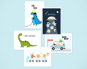 5er Set Kinder Postkarten für Jungen: Dinosaurier, Feuerwehr, Weltall, Auto, Eisenbahn | Happy Birthday Geburtstagskarten