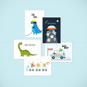 5er Set Kinder Postkarten für Jungen: Dinosaurier, Feuerwehr, Weltall, Auto, Eisenbahn | Happy Birthday Geburtstagskarten