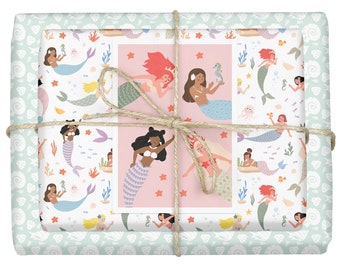 4x Children's Gift Wrapping Paper: Mermaid / Mussels (Girl, Pink, Pastel, Birthday, School Enrollment, Recycled Paper, Diversity, BIPOC)