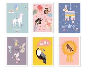 6er Set Kinder Postkarten für Mädchen: Einhorn, Meerjungfrau, Pferd, Feen, Lama, Tukan | Happy Birthday Geburtstagskarten