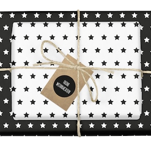 4x Carta da regalo natalizia bianco e nero + etichette: stelle, eco, carta riciclata, bicolore, fiocco