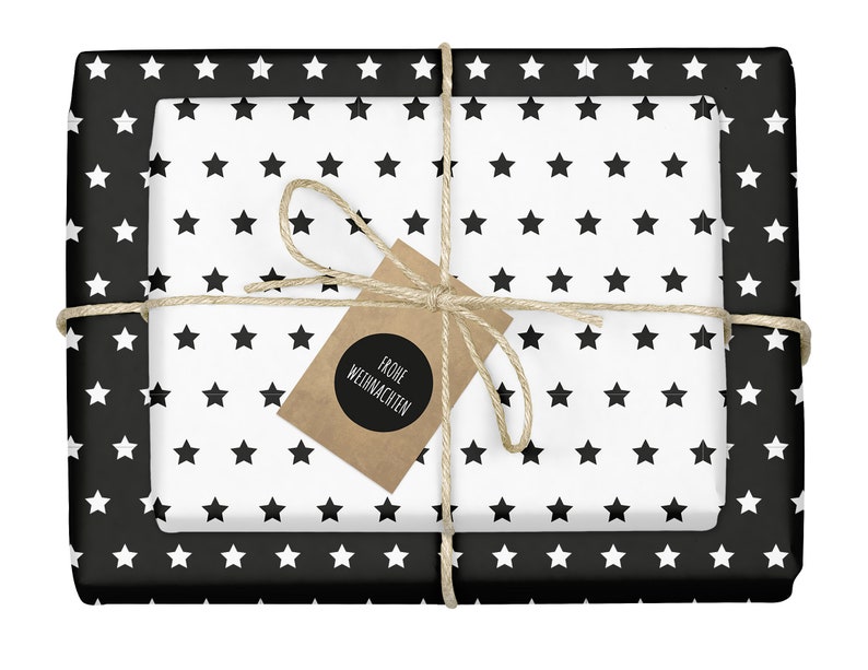 4x Wrapping paper Christmas black white pendant: Stars, eco, recycled paper, two-tone, bow image 1