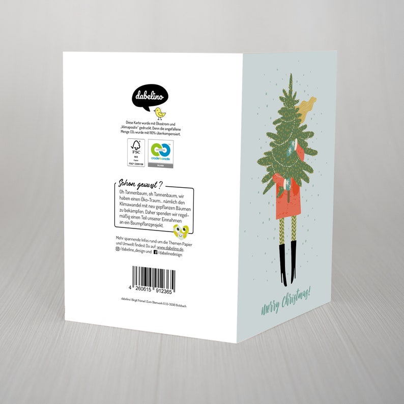 Christmas card girlfriend: woman with Christmas tree/fir tree sustainable, design Christmas card with kraft paper envelope, handlettering image 2