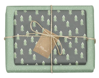 Geschenkpapier Weihnachten / Tanne mit Schnee: 4x Bögen + 4 Anhänger (öko, umweltfreundlich, Tannenbaum, grün, schwarz, Kinder + Erwachsene)