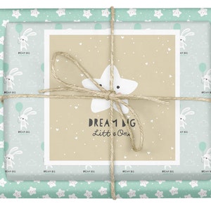 4x Kinder-Geschenkpapier zur Geburt/ Taufe für Baby-Jungen: Hase mit Ballon/ Sterne (mint) | Kleinkind, erster Geburtstag, Recyclingpapier