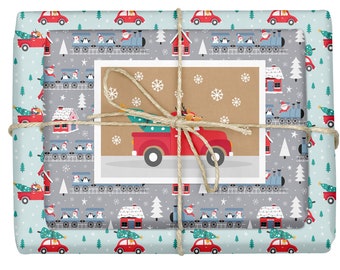 Wrapping paper set Christmas children: train / car - 4x sheets + 1x Christmas card (eco, recycled paper, sustainable, sheet)