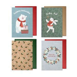 Weihnachtskarten Set: 4 Stück (Eisbär, Zauberhase, Muster, Weihnachtskranz) | Recyclingpapier, Vintage, mit Umschlag