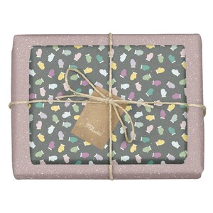 Carta da regalo natalizia / guanti, colorati: 4 fogli + 4 etichette (ecologica, ecologica, viola, per bambini + adulti, pois)
