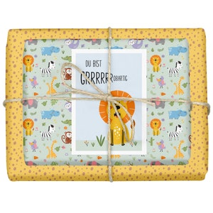 4x Kinder-Geschenkpapier: Dschungel / Safari Tiere / Zoo + "Löwe"-Karte (Mädchen, Jungen, Baby zur Geburt, zum Geburtstag)