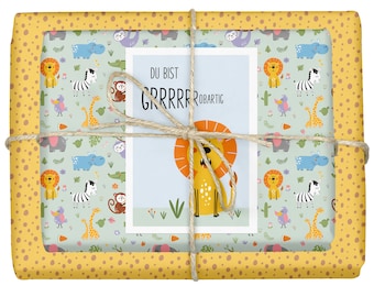 4x Children's Gift Wrapping Paper: Jungle / Safari Animals / Zoo + "Lion" Card (Girl, Boy, Baby at Birth, Birthday)