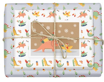 Wrapping paper set Christmas children: Dinosaurs - 4x sheets + 1x Christmas card (eco, recycled paper, sustainable, sheet)