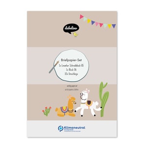 Lama-Briefpapier-Set für Kinder: A5 liniert, 10 Umschläge, 1 Malblock inkl. Briefpapier-Mappe (für Mädchen, Jungen, Schreibanfänger)
