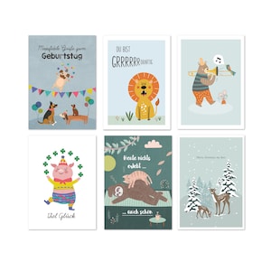 6er Set Kinder Postkarten "Tiere" für Mädchen/ Jungen - versch. Anlässe, Happy Birthday Geburtstagskarten, Weihnachten, Viel Glück