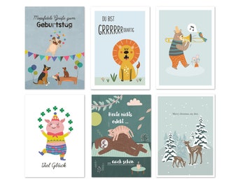 6er Set Kinder Postkarten "Tiere" für Mädchen/ Jungen - versch. Anlässe, Happy Birthday Geburtstagskarten, Weihnachten, Viel Glück