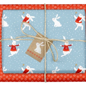 4x Carta da regalo natalizia per bambini (rossa, blu, coniglietto di neve) + etichette (eco, carta riciclata, bicolore, fiocco)
