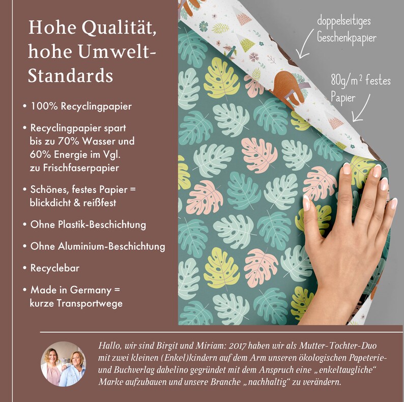 May include: A close-up of a brown and green patterned wrapping paper with a sloth design. The paper is 80 grams per square meter and is double-sided. The text "Hohe Qualit&auml;t, hohe Umwelt-Standards" is visible on the left side of the image. The text "doppelseitiges Geschenkpapier" is visible on the right side of the image. The text "80g/m&sup2; festes Papier" is visible on the right side of the image.