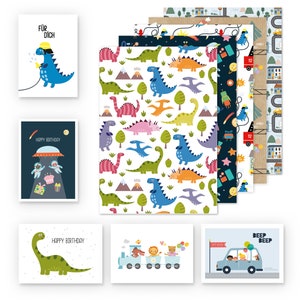 Geschenkpapier Kinder-Set: 5 Bögen + 5 Karten - Autos Feuerwehr Eisenbahn Dinos Weltraum (Jungen, Geburtstag, nachhaltig Öko-Recycling)