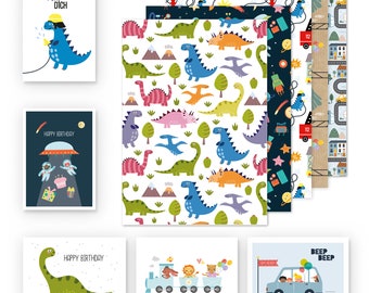 Gift Wrapping Paper Children's Set: 5 Sheets + 5 Cards - Cars Fire Brigade Railway Dinos Space (Boys, Birthday, Sustainable Eco-Recycling)