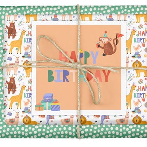 4x Kinder-Geschenkpapier Geburtstag (für Mädchen und Jungen): Happy Birthday / Tiere, Recyclingpapier